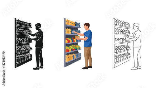 Man choosing products from a store shelf, set of three illustrations in silhouette, color, and outline vector drawing