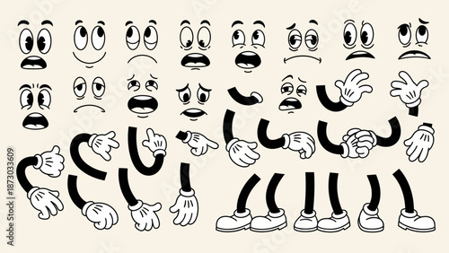 Retro Cartoon Character Parts: Expressive Faces, Arms, and Legs for Animation