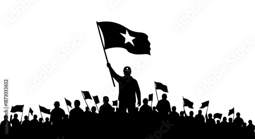 Silhouette of a protesting crowd, with a prominent figure holding a large flag with a star, symbolizing unity, revolution, and collective action.