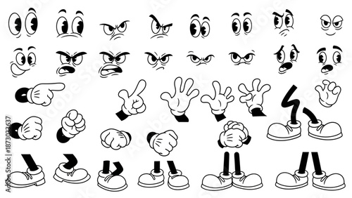 Collection of Cartoon Character Body Parts, Expressive Faces, Hands, and Feet