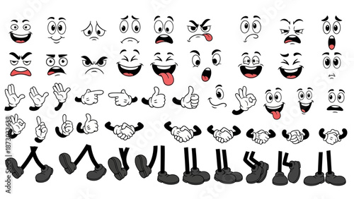 Cartoon Character Body Parts Collection: Faces, Hands, and Legs for Animation