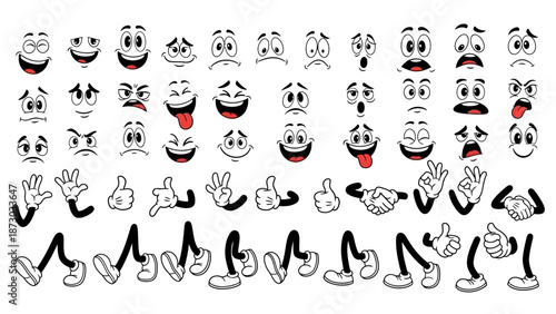 Cartoon Character Body Parts Collection: Faces, Hands, and Legs for Animation