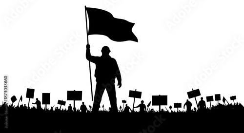 Silhouette of a protest crowd with a leader holding a flag and people holding signs on a grassy field, symbolizing activism and unity.