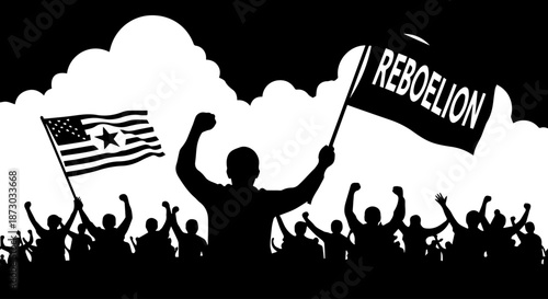 Silhouette of a protesting crowd with raised fists and flags, including a 'REBOELION' flag and a modified US flag, symbolizing social unrest and ac...