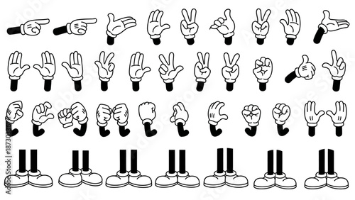 Collection of Cartoon Hands Gestures and Feet Poses, Vintage Style Vector Art