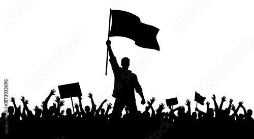 Powerful silhouette of a protesting crowd with raised hands, signs, and a leader holding a flag, symbolizing revolution and social change.