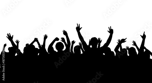 Energetic crowd silhouettes with raised hands, celebrating or cheering at an event, concert, or party. Isolated on white background.