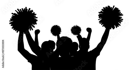 Dynamic black silhouettes of a cheering crowd or cheerleaders with raised arms and pom-poms against a clean white background.
