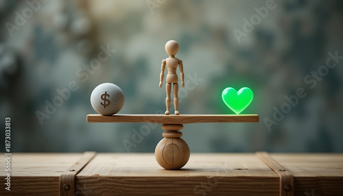Work life balance and mental health vs money concept with wooden figure on scale for corporate wellness blog banner