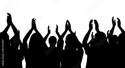 Silhouettes of a cheering crowd with hands raised and clapping, celebrating an event or performance.