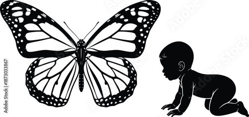 Butterfly and crawling baby silhouette comparison growth concept nature and childhood black vector illustration isolated white background