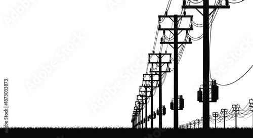 Black silhouette of a long line of electricity power poles with complex network of wires and transformers against a white background on grassy ground.