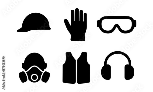 Collection of black safety equipment icons on a white background