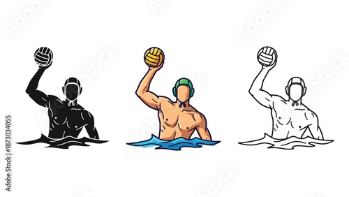 Set of three water polo player icons holding a ball above water in silhouette, color, and outline illustration