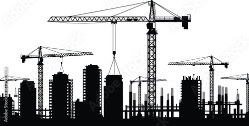 Black silhouette of construction site with cranes and building skyscrapers under development on white background for industrial urban growth concept.