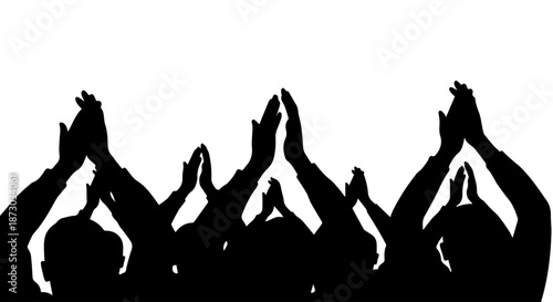 Silhouettes of an enthusiastic audience applauding with raised hands, celebrating success or showing appreciation against a white background.