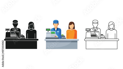 Cashier and customer at checkout counter, set in silhouette, color, and outline icon illustration for retail and service concepts