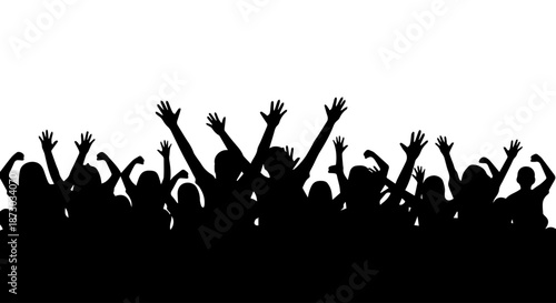 A silhouette of a cheering crowd with raised hands, symbolizing celebration, unity, and excitement at a concert or event.