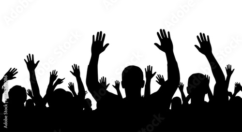 Silhouettes of a diverse crowd raising their hands in celebration, protest, or participation against a bright white background. Symbolizes unity an...