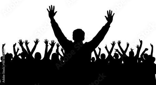A silhouette of a cheering crowd with raised hands, symbolizing celebration, unity, and excitement at an event or concert.