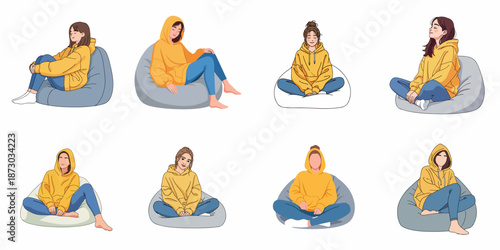 Eight different casual poses of a young woman wearing a yellow hoodie and jeans, relaxing comfortably on bean bag chairs.