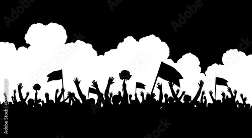 Dynamic silhouette of a large crowd with raised hands and flags against a cloudy sky, depicting a protest, rally, or celebration.