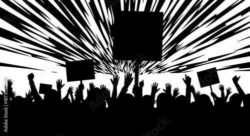 Dynamic silhouette of a protesting crowd with raised hands and blank signs, set against an energetic abstract background, symbolizing activism and ...