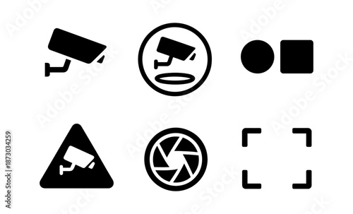 Collection of security and camera icons including surveillance, warning, and focus symbols