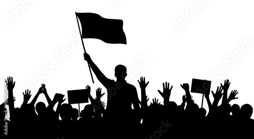 Silhouette of a protesting crowd with raised hands and signs, led by a person holding a flag, symbolizing activism and collective voice.