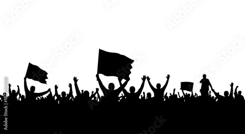 Dynamic silhouette of a large crowd with flags and raised hands, celebrating or protesting in front of a city skyline.