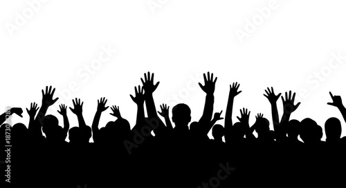 Silhouettes of a cheering crowd with hands raised, symbolizing celebration, participation, and unity at an event or concert.