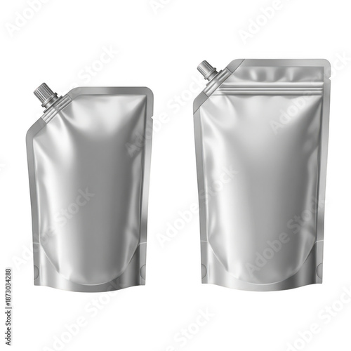 Silver stand-up pouches with spouts isolated on transparent background