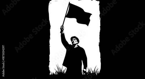 Stark black and white illustration of a man raising a flag, symbolizing protest, revolution, or freedom against a grunge background.