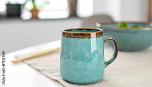 Beautiful turquoise ceramic mug with brown rim on a linen napkin, morning light, Morning vibes