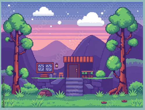 Cozy Pixel Art Cabin in a Serene Mountain Landscape