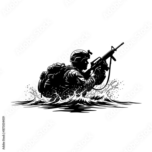 Soldier wading through water with rifle