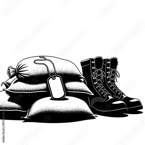 Military gear with dog tags and combat boots