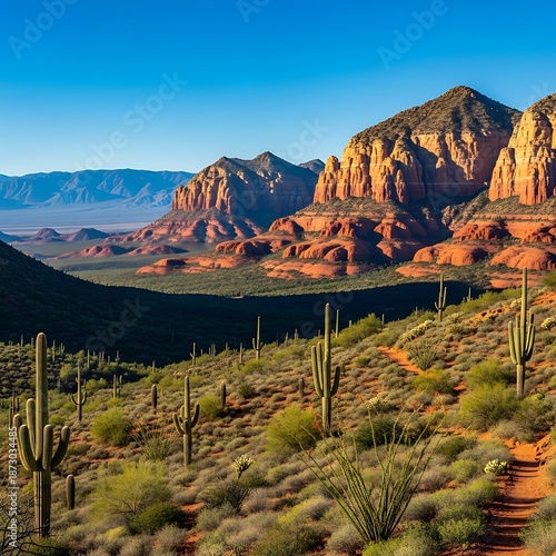 Wallpaper Mural Sunny desert landscape features towering red rock formations and various cacti. Torontodigital.ca