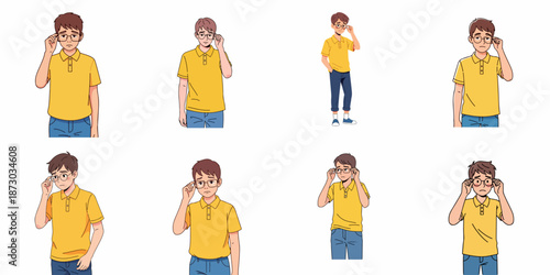 Vector illustration set of an upset cartoon male character in a yellow polo shirt and glasses, holding his spectacles, expressing disappointment or confusion.