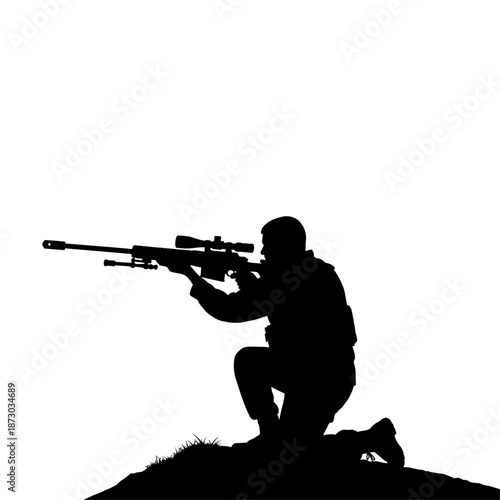 Silhouette of a soldier aiming a sniper rifle from a kneeling position on a hill