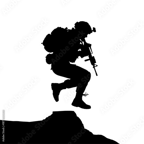 Soldier jumping off a cliff with a rifle