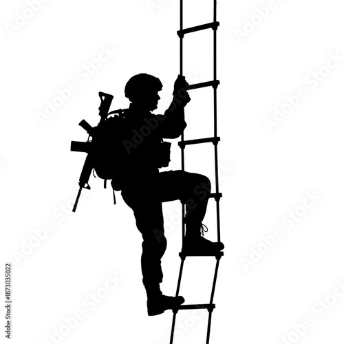 Soldier climbing ladder with backpack and rifle