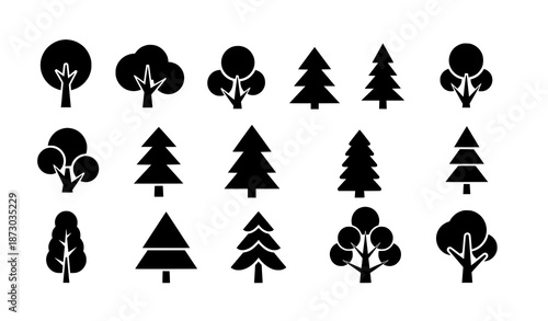 Handcrafted black tree silhouette icon pack with natural and decorative tree shapes vector illustration