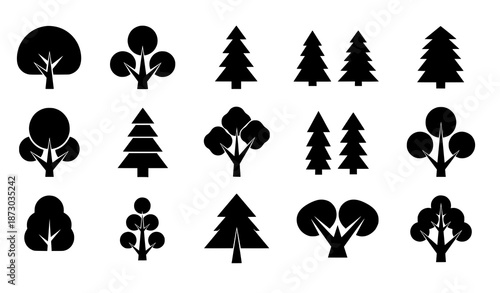 Black flat tree icons collection in geometric style isolated on white background vector set