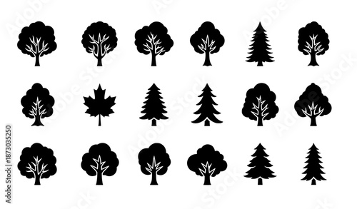Minimal black tree icon set with various deciduous and evergreen tree silhouettes isolated on white background