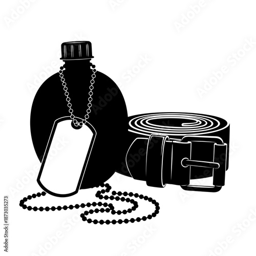 Military canteen belt and dog tag illustration