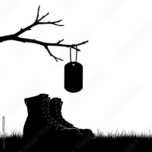 Silhouette of military boots and dog tag under a bare tree branch