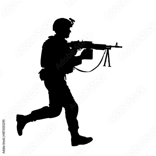 Soldier in motion with machine gun silhouette