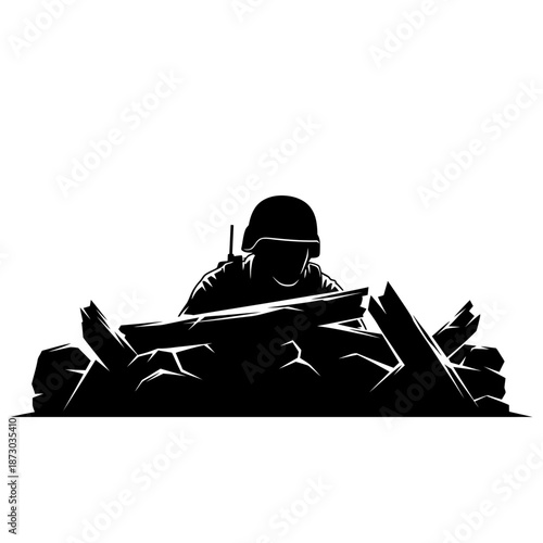 Soldier in battle position with communication device