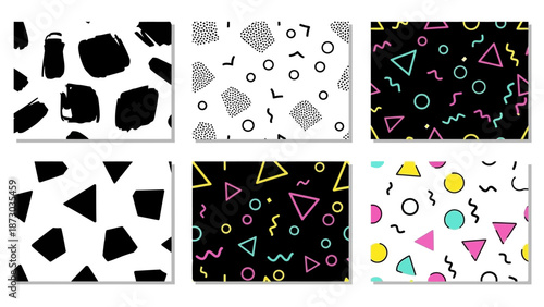 Retro Geometric Seamless Patterns - Memphis Style Abstract Shapes and Textures